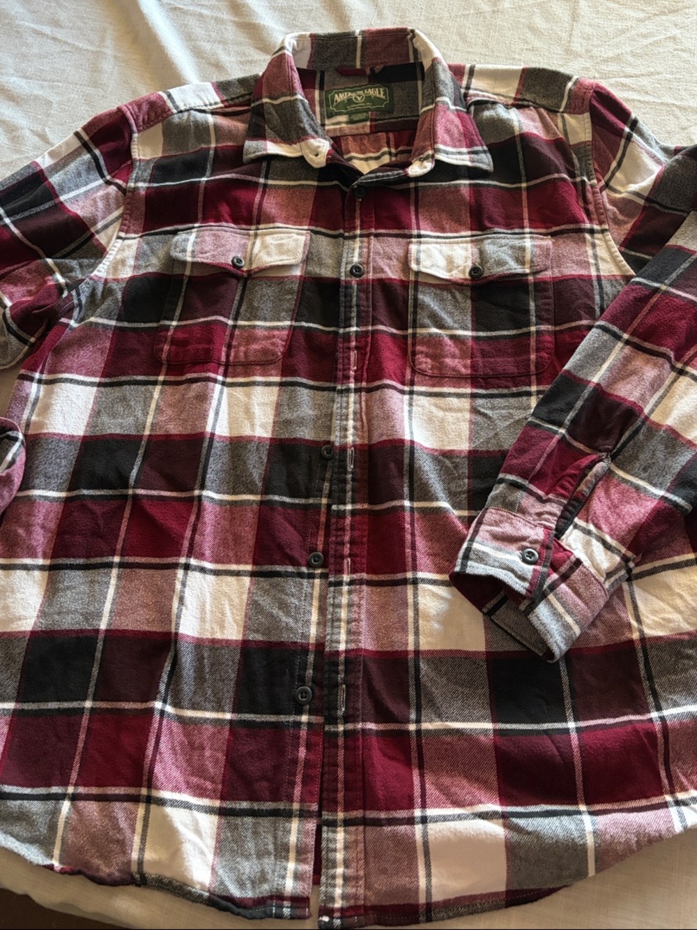 American eagle Men's Burgundy, White & Black Plaid Button-Up Shirt